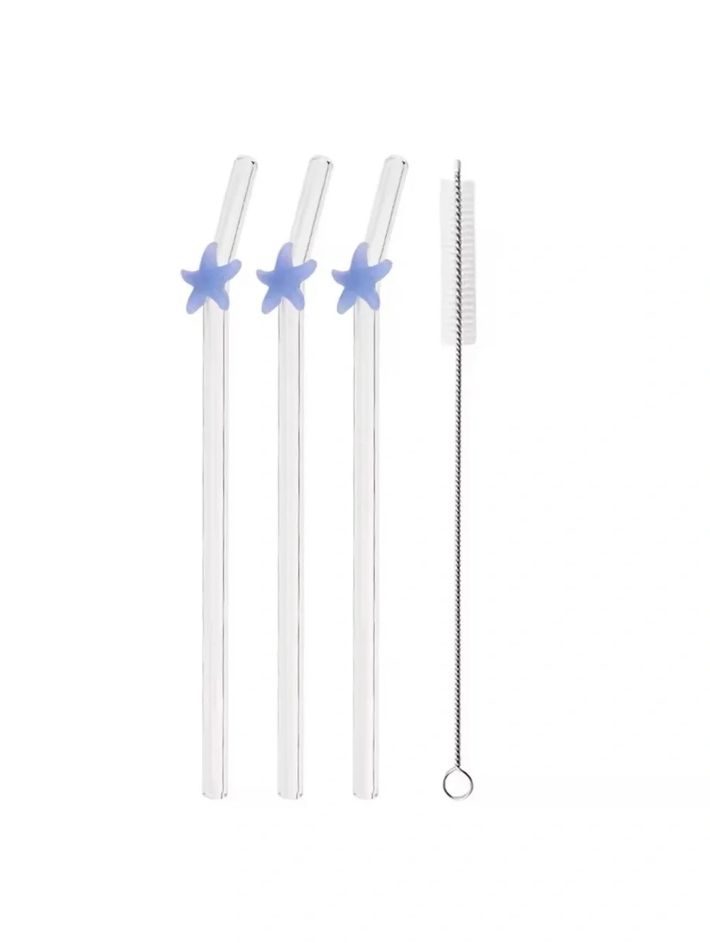 Set of 3 Glass Starfish Reusable Straws + Cleaning Brush Blue Coastal